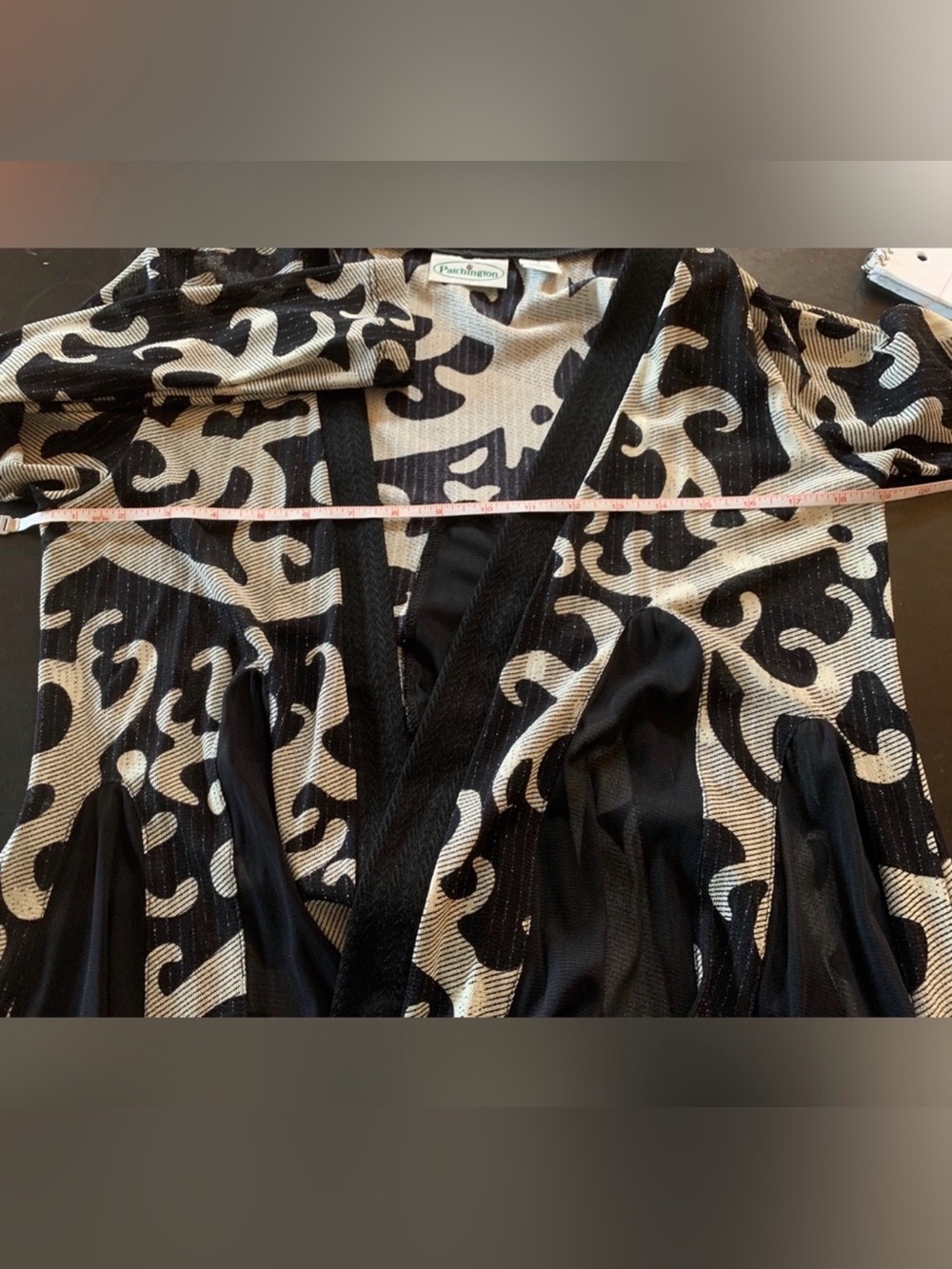 Vintage size SMALL Patchington Black & Cream Abstract Pattern Long Open Cardigan - Picture 4 of 4